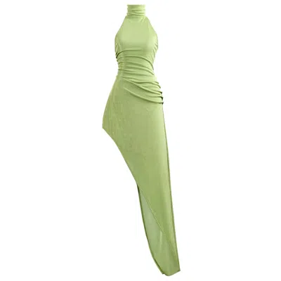 Kargede Women's Green Bodycon Dress – High Neck, Asymmetrical Hem, Maxi Length