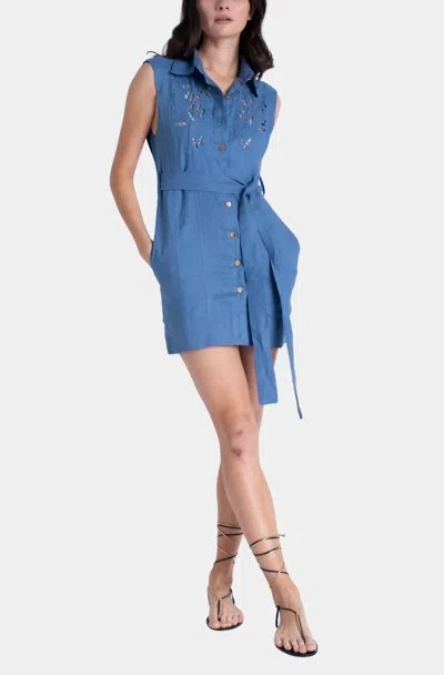 Karina Grimaldi Daniela Embroidered Mini Dress In Ocean Blue