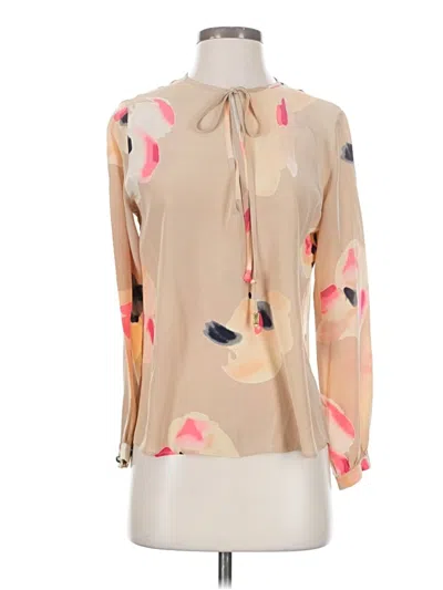 Pre-owned Karina Grimaldi Long Sleeve Silk Top Tan Tie Neck Tops In Brown