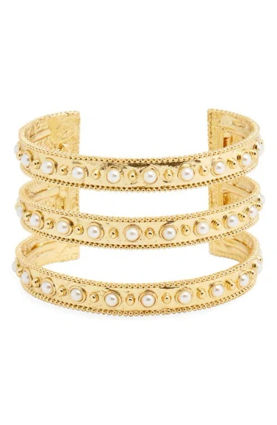 Karine Sultan Dots & Faux Pearl Cuff Bracelet In Gold