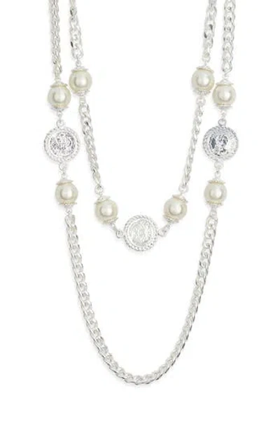 Karine Sultan Faux Pearl Coin Station Chain Necklace In Silver