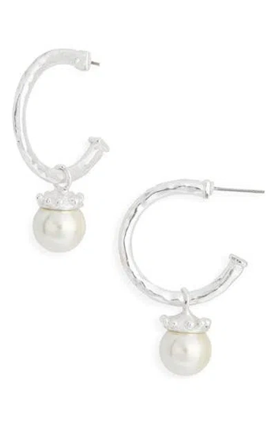 Karine Sultan Faux Pearl Drop Hoop Earrings In Silver