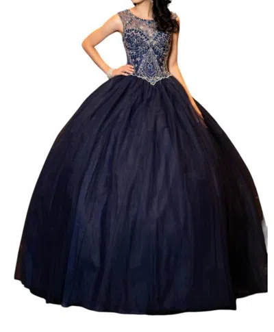Karishma Creations Beaded Tulle Prom Dress In Navy In Blue