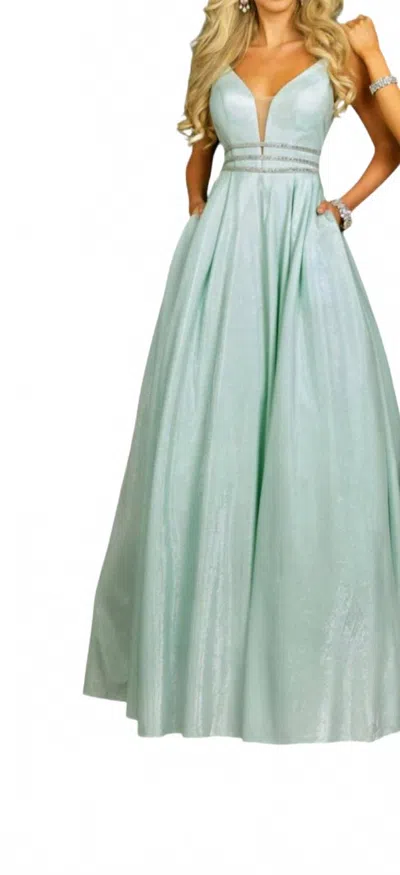 Karishma Creations Shimmer Jersey V-neck Ball Gown In Metallic Mint In Green
