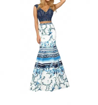 Karishma Creations Two-piece Beaded Tulle And Printed Matte Satin Gown In Navy Print In Blue