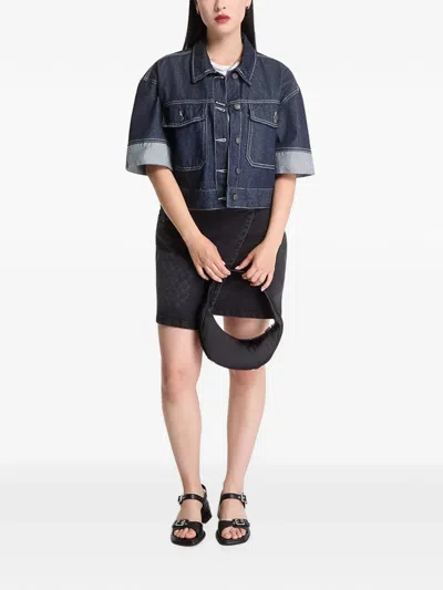 Karl Kani Contrast-stitch Cropped Denim Shirt In Blue