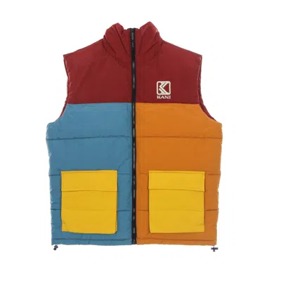 Karl Kani Og Block Puffer Vest Men's Sleeveless Down Jacket In Dark Red/ocher/petrol Blue