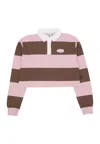 Karl Kani Women's Polo Cropped Long Sleeve W Woven Signature Crop Striped Rugby L/s Rose/taupe/white