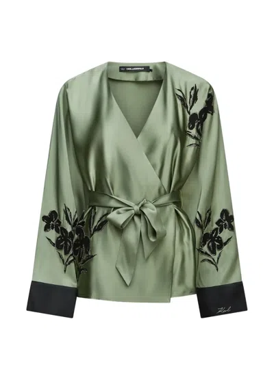 Karl Lagerfeld Floral-embroidered Wrap Blouse In Green