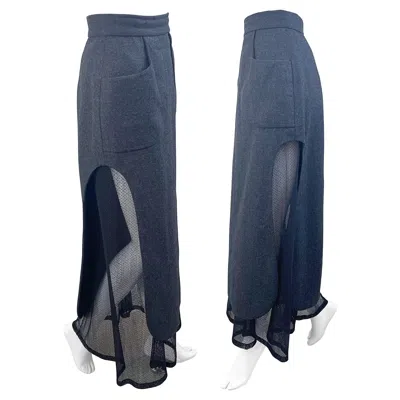 Pre-owned Karl Lagerfeld 1980s Grey Wool + Black Lace Vintage 80s Mini Maxi Skirt In Gray