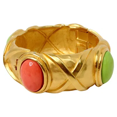 Pre-owned Karl Lagerfeld 1980s  18k Gold Plated & Costume Stone Textured Cuff Bracelet In Multi