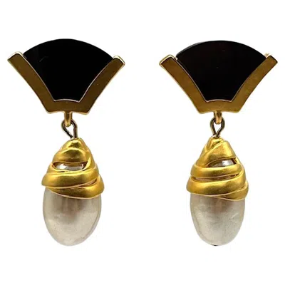Pre-owned Karl Lagerfeld 1980s Satin Gold, Black Resin And Pearl Pendant Earrings