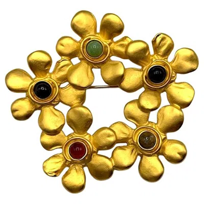 Pre-owned Karl Lagerfeld 1980s Satin Gold With Blue, Black & Green Cabochon Floral Brooch
