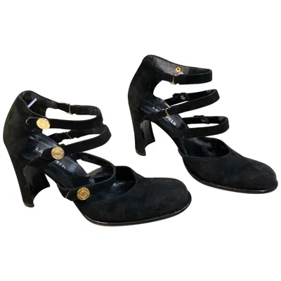 Pre-owned Karl Lagerfeld 1990s Size 6 Black Suede Leather Bondage Inspired Vintage Heels
