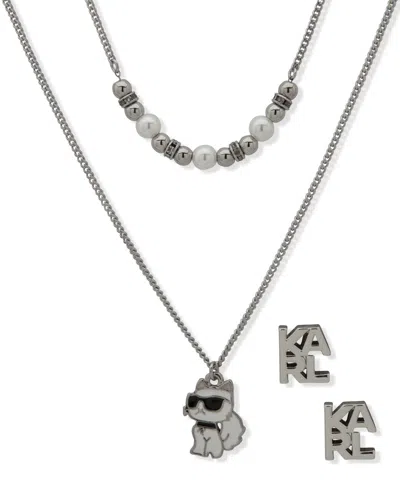 Karl Lagerfeld 2-pc. Imitation Pearl Silver-tone Logo Necklace And Earrings Set In Metallic