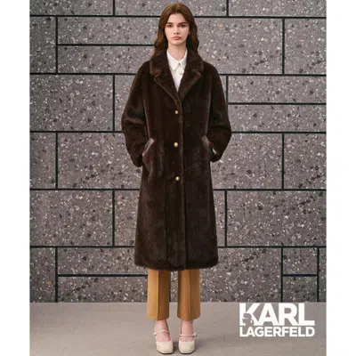 Karl Lagerfeld 【老佛爷】绒感皮拼口袋金属扣长款大衣2024冬季 In Brown