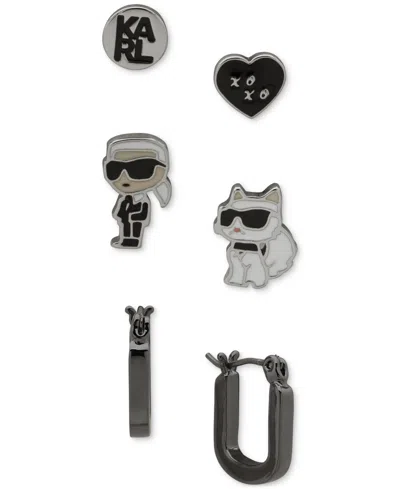 Karl Lagerfeld 3-pc. Mismatched Stud & Hoop Earrings Set In Black