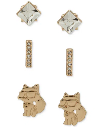 Karl Lagerfeld 3-pc. Set Crystal & Choupette Stud Earrings In Ttone