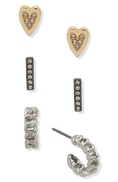 Karl Lagerfeld 3-piece Crystal Stud & Huggie Hoop Earrings Set In Silver/gold/crystal