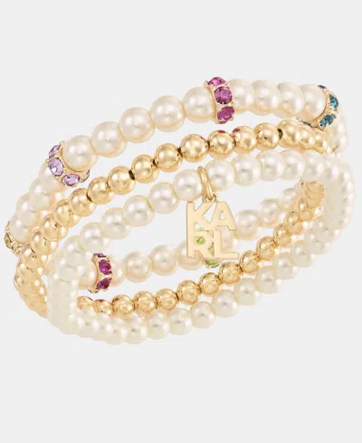 Karl Lagerfeld 3-pc. Set Crystal & Imitation Pearl Beaded Stretch Bracelets In Gold