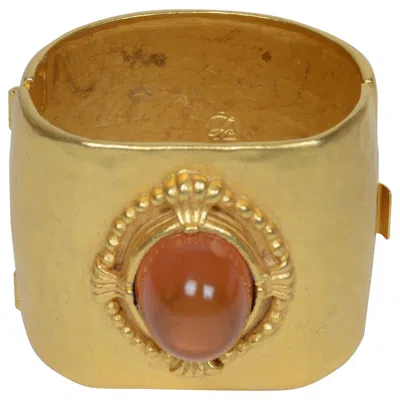 Pre-owned Karl Lagerfeld A  Hammered Gilt Bracelet With Large Gripoix Amber Cabochon Jewel In Brown