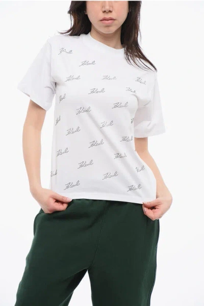 Karl Lagerfeld All-over Rhinestone Logo Cotton Crew-neck T-shirt In Weiss