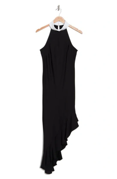 Karl Lagerfeld Asymmetric Skirt Halter Dress In Black Soft White