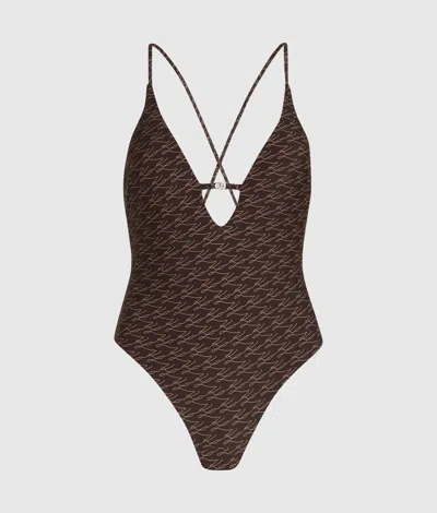 Karl Lagerfeld Autograph Cheeky Swimsuit In Brown