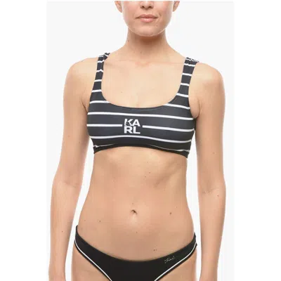 Karl Lagerfeld Awning Striped Two-tone Plunge Bikini Top In Black