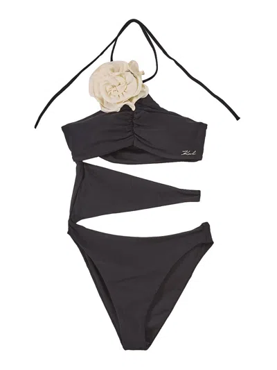 Karl Lagerfeld Karl Dna Flower Swimsuit In Black
