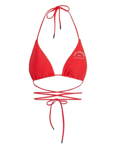 Karl Lagerfeld Logo-print Triangle Bikini Top In Hghriskred