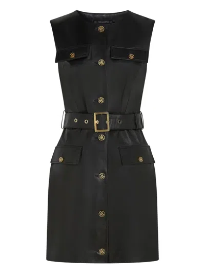 Karl Lagerfeld Belted Button-fastening Leather Dress In Black