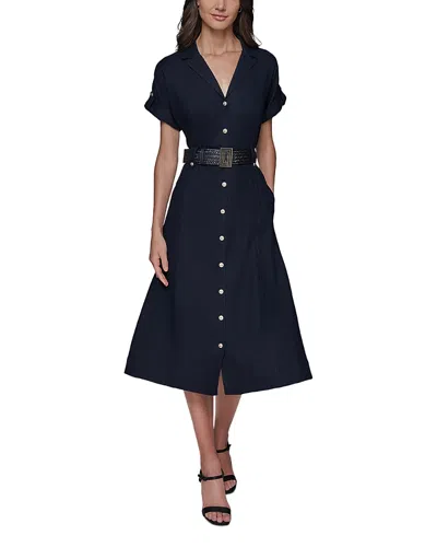Karl Lagerfeld Belted Button Front A Line Dress In Marine