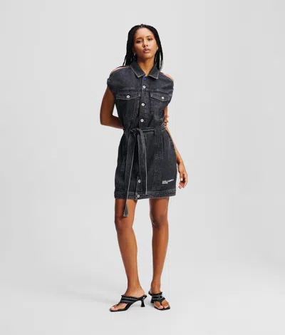 Karl Lagerfeld Belted Denim Dress In Gray