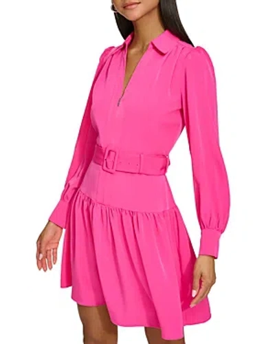 Karl Lagerfeld Belted Zip Up A Line Dress In Fuchsia