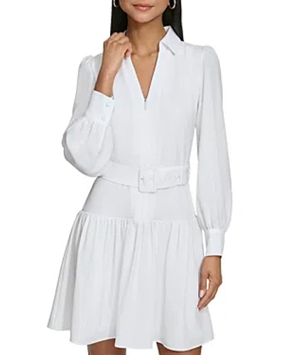 Karl Lagerfeld Belted Zip Up A Line Dress In Soft White