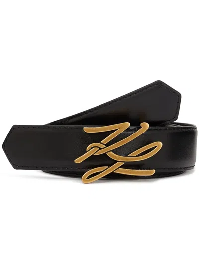 Karl Lagerfeld Black Belt With Golden Logo Buckle