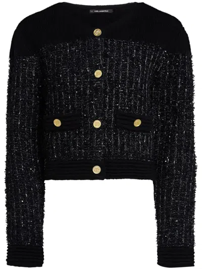 KARL LAGERFELD KARL LAGERFELD BLACK BOUCLE CARDIGAN WITH GOLDEN BUTTONS