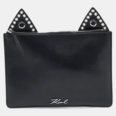 Pre-owned Karl Lagerfeld Black Leather Eyelet Cat Ear Pouch
