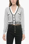 Shop Karl Lagerfeld Bouclè Fabric Cropped Cardigan With Logoed Band In Grey
