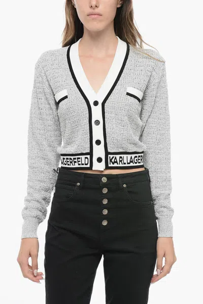 Karl Lagerfeld Bouclè Fabric Cropped Cardigan With Logoed Band In Grey