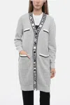 Karl Lagerfeld Boucle' Fabric Feminine Cardigan With Logoed Bands In Grey