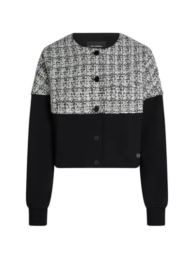 Karl Lagerfeld Boucle-panelled Jersey Cardigan In Black