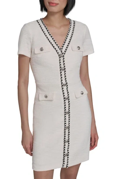 Karl Lagerfeld Beaded Trim Knit Tweed Sheath Dress In White