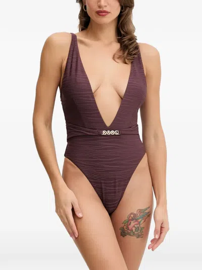 Karl Lagerfeld Buckle V-neck Swimsuit In Burgundy