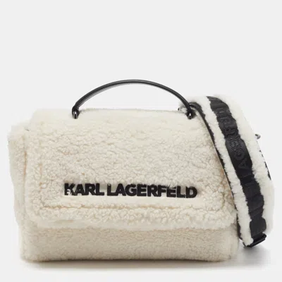 Pre-owned Karl Lagerfeld Cara Loves Karl White/black Leather And Shearling Top Handle Bag