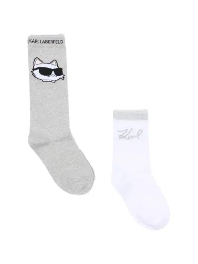 Karl Lagerfeld Kids' Cat-graphic Socks (set Of Two) In Gray