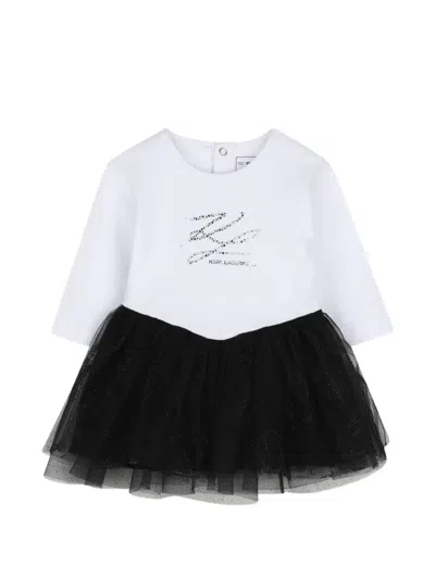 Karl Lagerfeld Babies' Ceremony Tulle-skirt Logo-print Long-sleeve Cotton Dress In White