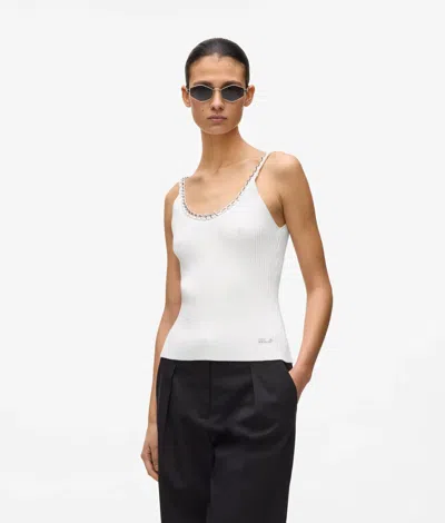 Karl Lagerfeld Chain-link Ribbed-knit Top In White
