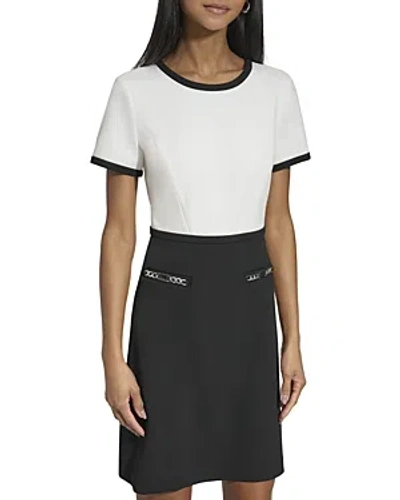 Karl Lagerfeld Chain Trim Color Blocked Dress In Soft White/black